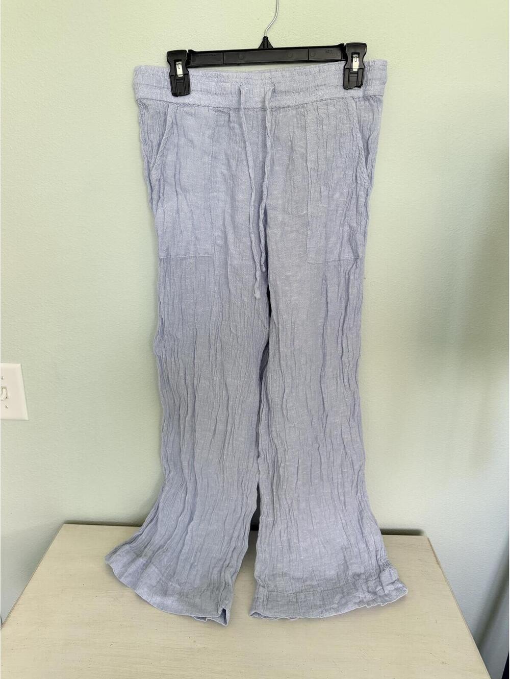 Light Blue Linen Wide Leg Pants with Drawstring Waist Large